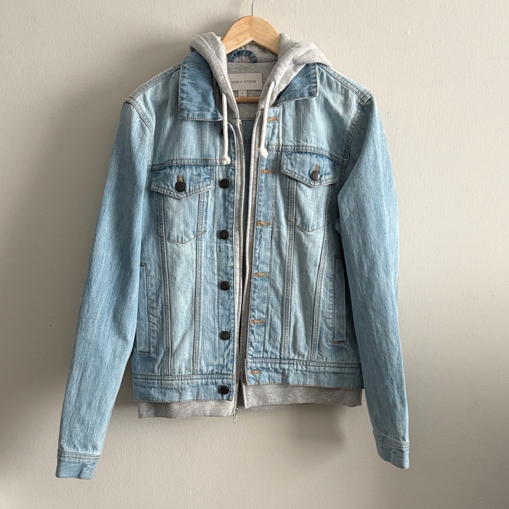 Sun + Stone Blue Denim Jacket with Gray Hoodie